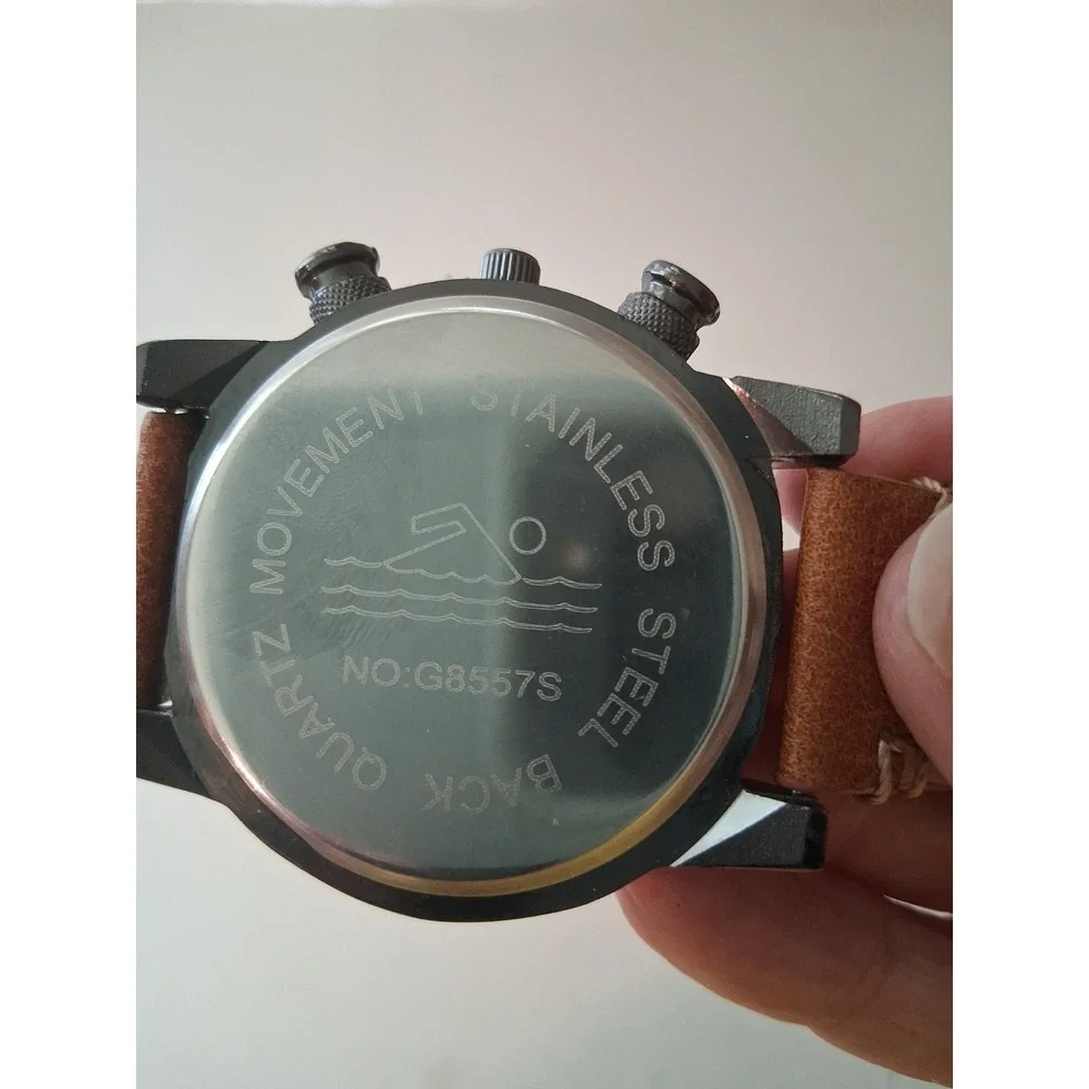 Chronograph Watch Dark Brown face Brown subdials Brown leather strap Working
